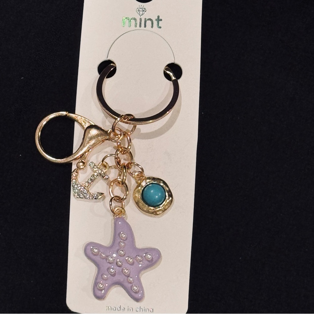 BAG CHARM Mint Lavender Starfish Keychain In Gold-tone Bling Anchor Charms